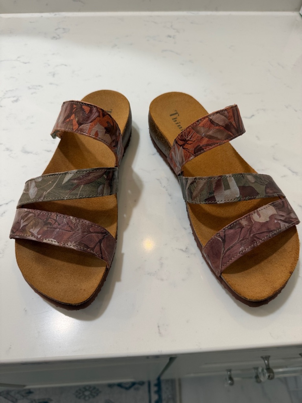 Think! Women's Three-Strap Slide Sandals in Rose and Olive